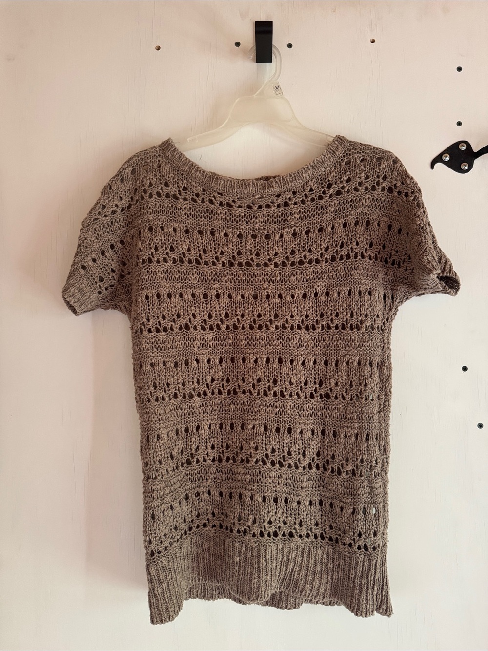 Taupe Open-Knit Short Sleeve Crewneck Sweater